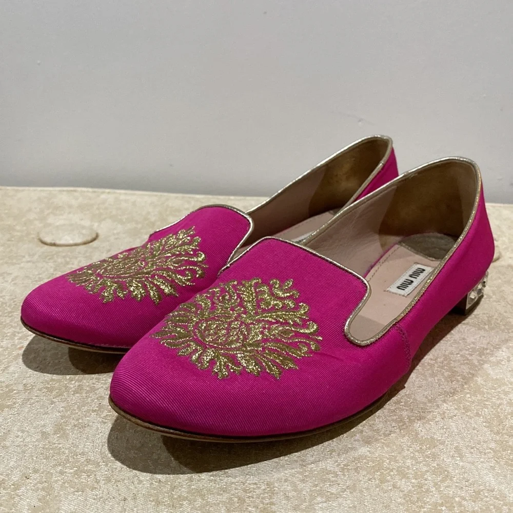 Miu Miu Pink Satin Embroidered Loafers SIZE 38.5